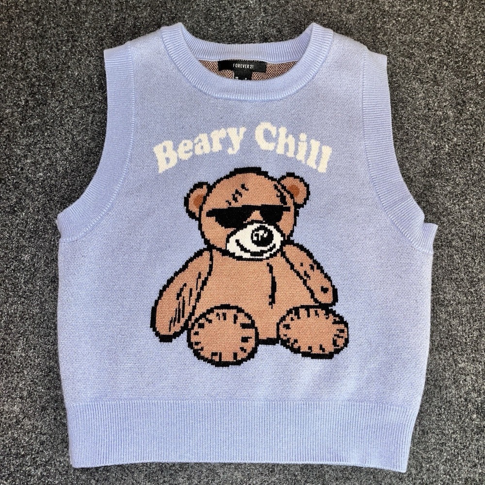 Forever‎ 21 Beary Chill Knit Sweater Vest Blue Bear Junior S